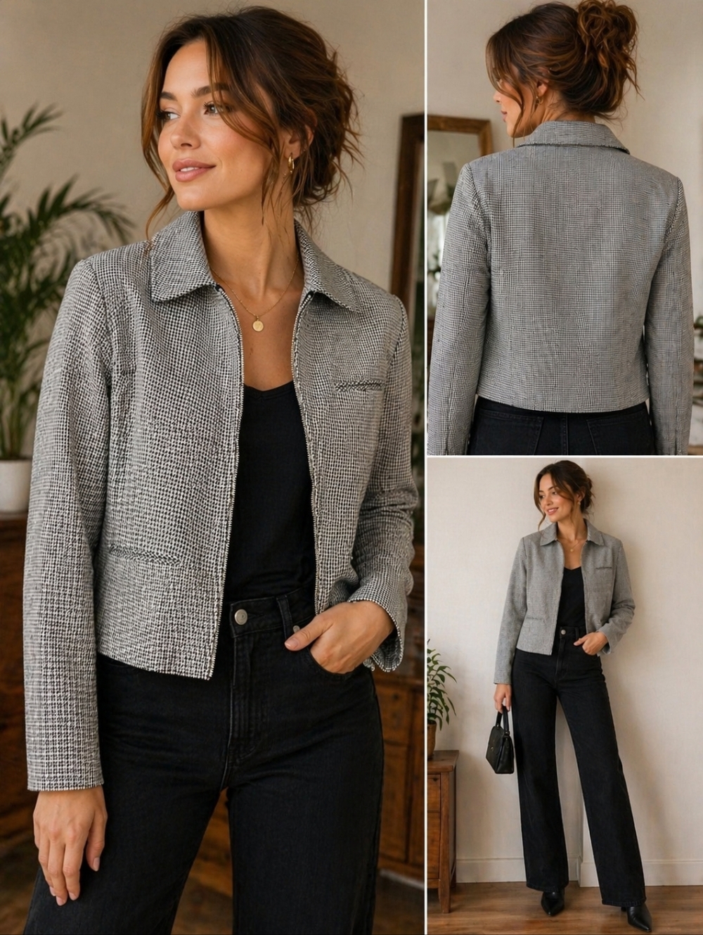 Houndstooth Cropped Jacket | For Pete’s Sake | Chic Zip Front Blazer | Size [X]